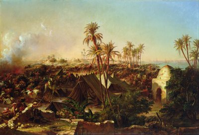 Battle with palm trees and tents by Jean Charles Langlois